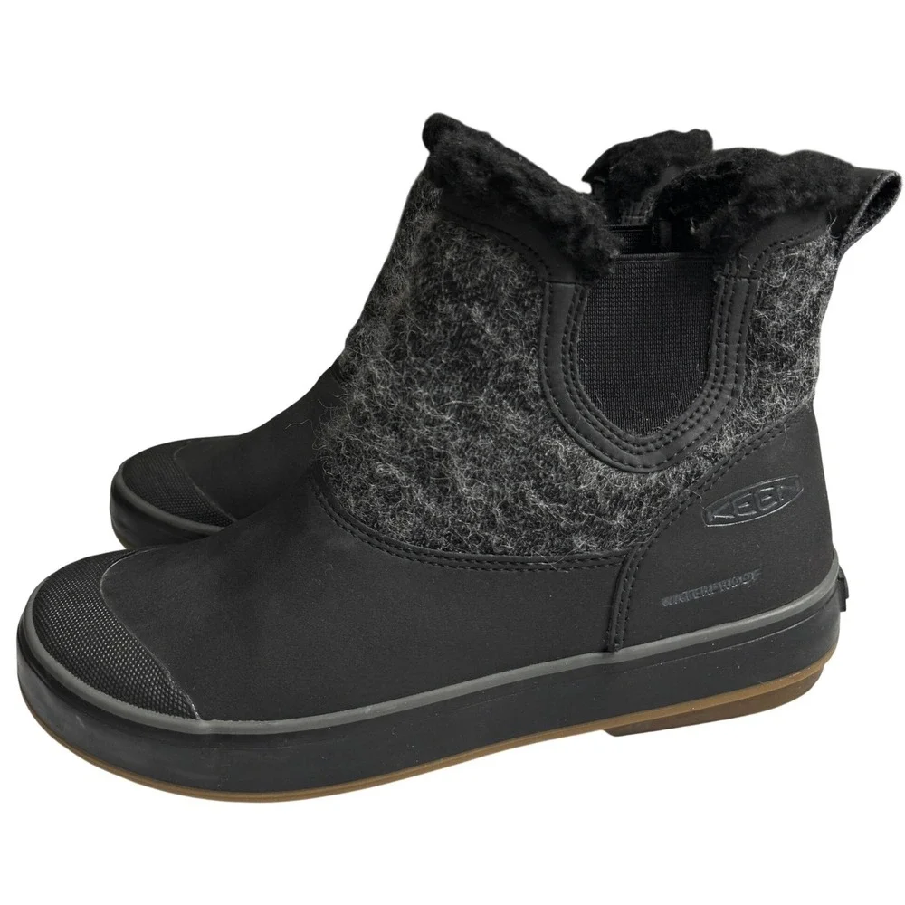 Keen Elsa Chelsea Waterproof Boots Black Grey Wool Faux Fur Lining Womens 8